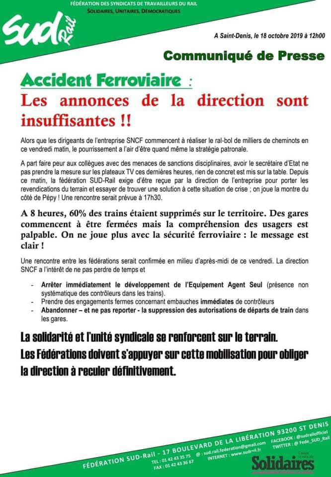 Accident Ferroviaire : Les annonces de la direction sont insuffisantes !!