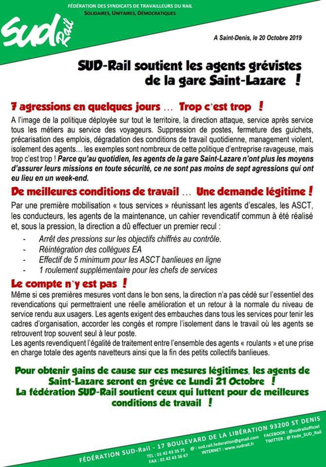 SUD Rail soutient les agents grévistes de la gare Saint Lazare 