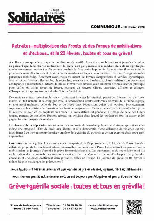 Retraites : Multiplication des fronts et des formes de mobilisations et d’actions… et le 20 février, toutes et tous en grève !