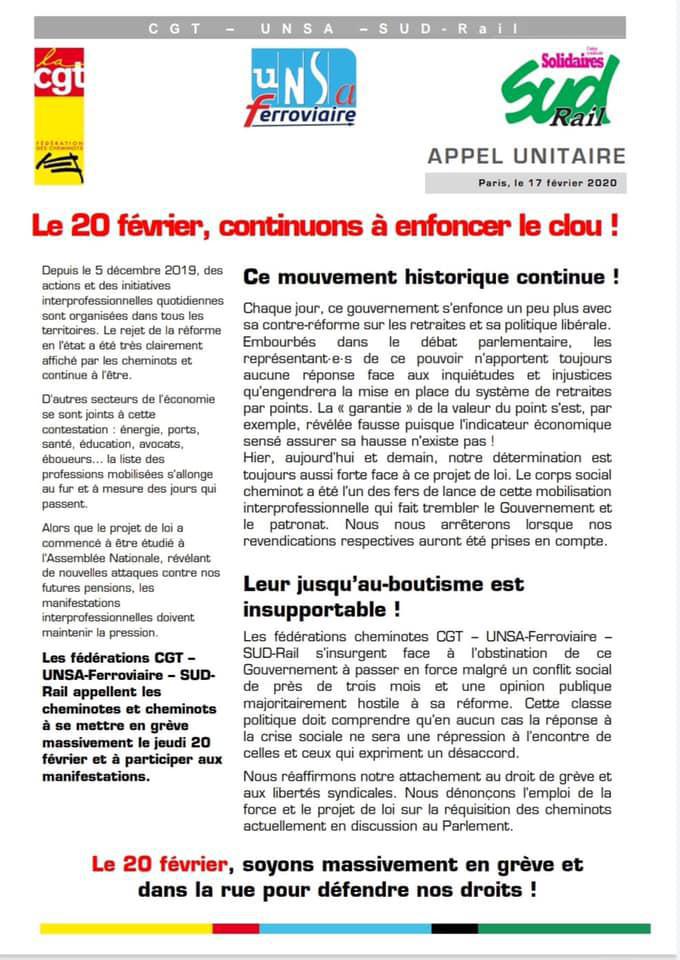 Appel unitaire : Le 20 février, continuons à enfoncer le clou !