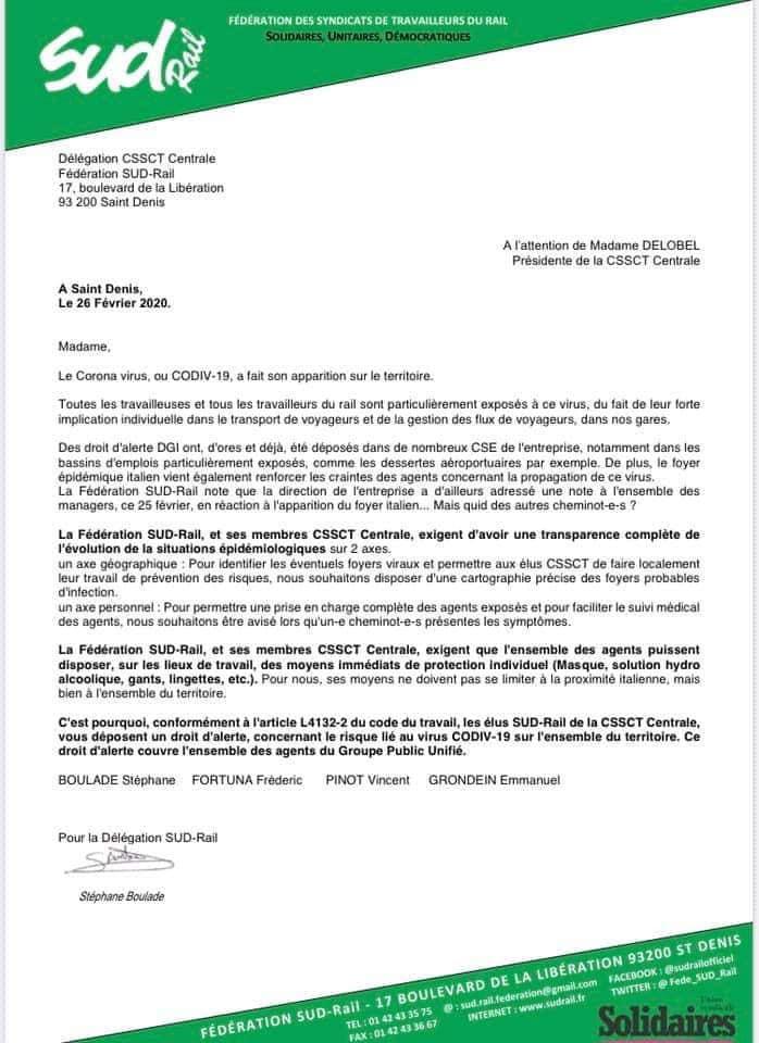 CSSCT Centrale : Courrier Coronavirus CODIV-19