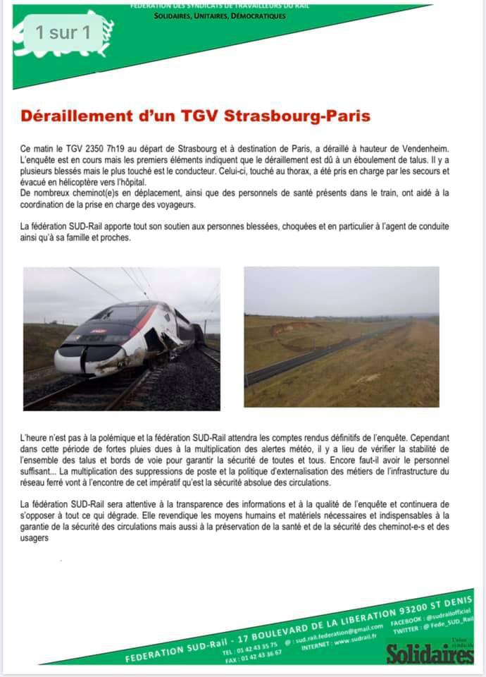 Communiqué fédéral : Déraillement d’un TGV Strasbourg-Paris Communiqué fédéral : Déraillement d’un TGV Strasbourg-Paris
