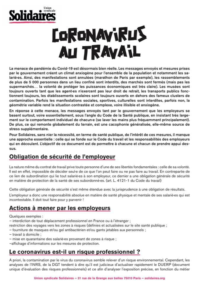 Coronavirus au travail Coronavirus au travail
