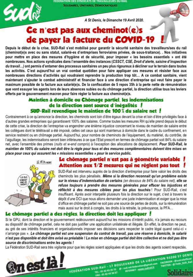 Ce n’est pas aux cheminot(e)s de payer la facture du COVID-19 ! Ce n’est pas aux cheminot(e)s de payer la facture du COVID-19 !