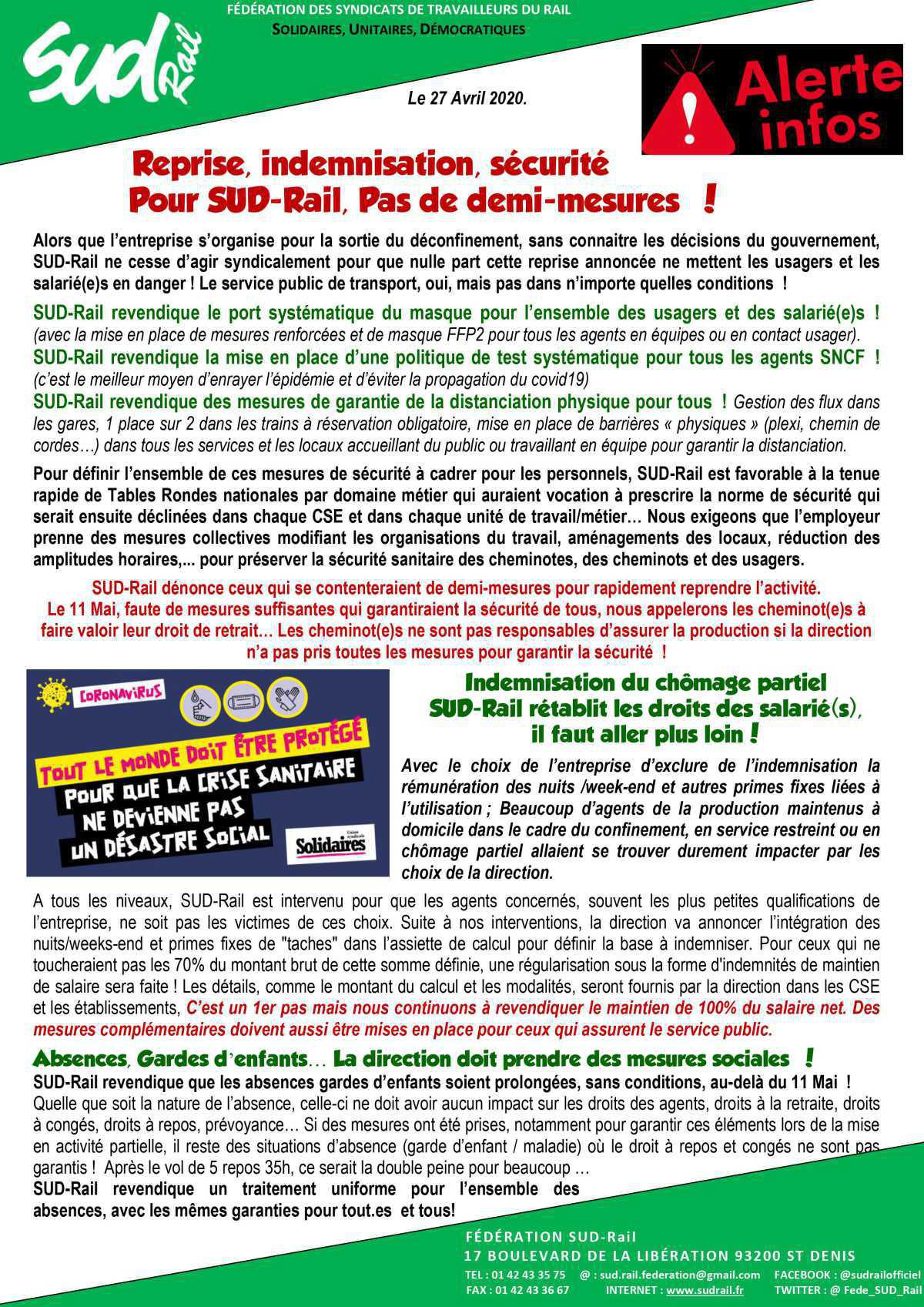 Reprise, indemnisation, sécurité. Pour SUD Rail, Pas de demi-mesures ! Reprise, indemnisation, sécurité. Pour SUD Rail, Pas de demi-mesures !