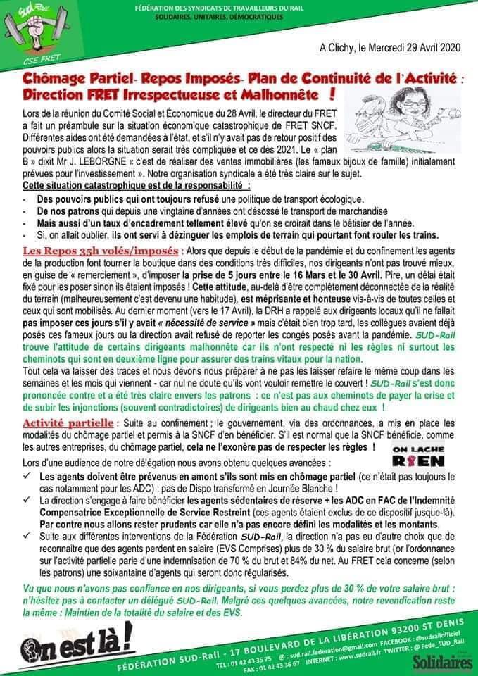 Chômage partiel, Repos Imposés, plan de Continuité de l'Activité : Direction FRET Irrespectueuse et Malhonnête !