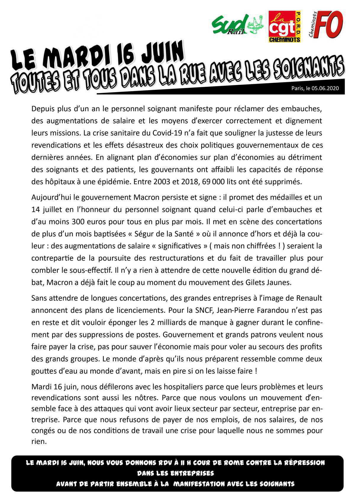 Le Mardi 16 juin, toutes et tous dans la rue avec les soignants Le Mardi 16 juin, toutes et tous dans la rue avec les soignants