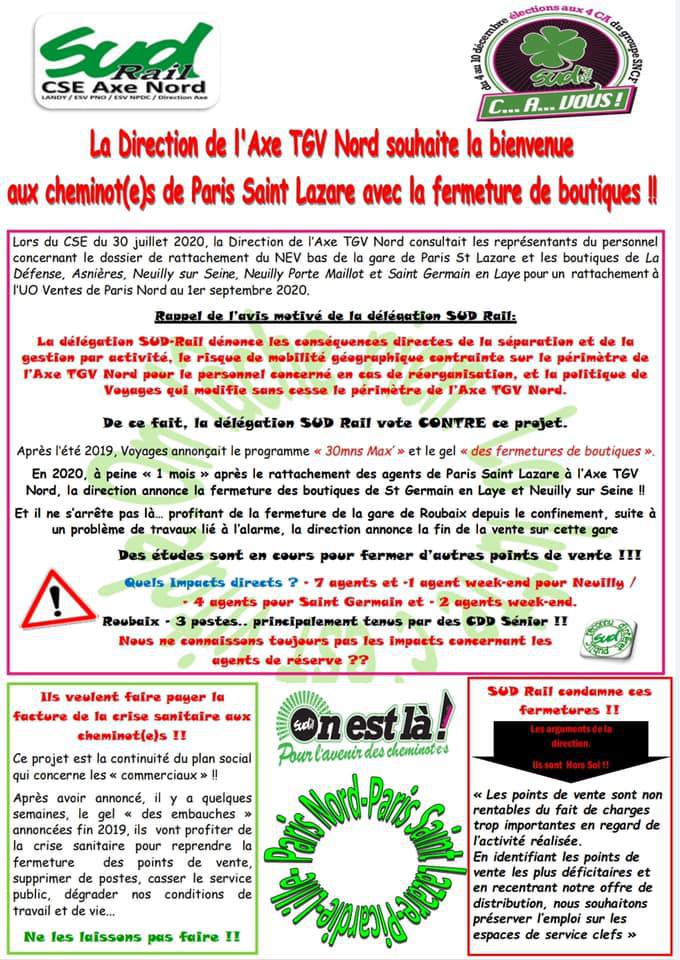 La direction de l’Axe TGV Nord souhaite la bienvenue aux cheminots de Paris Saint Lazare avec la fermeture des boutiques !!