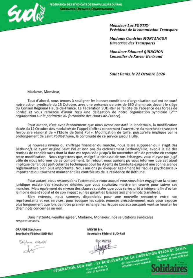 Courrier de la fédération SUD Rail adressé au Conseil Régional des Hauts de France