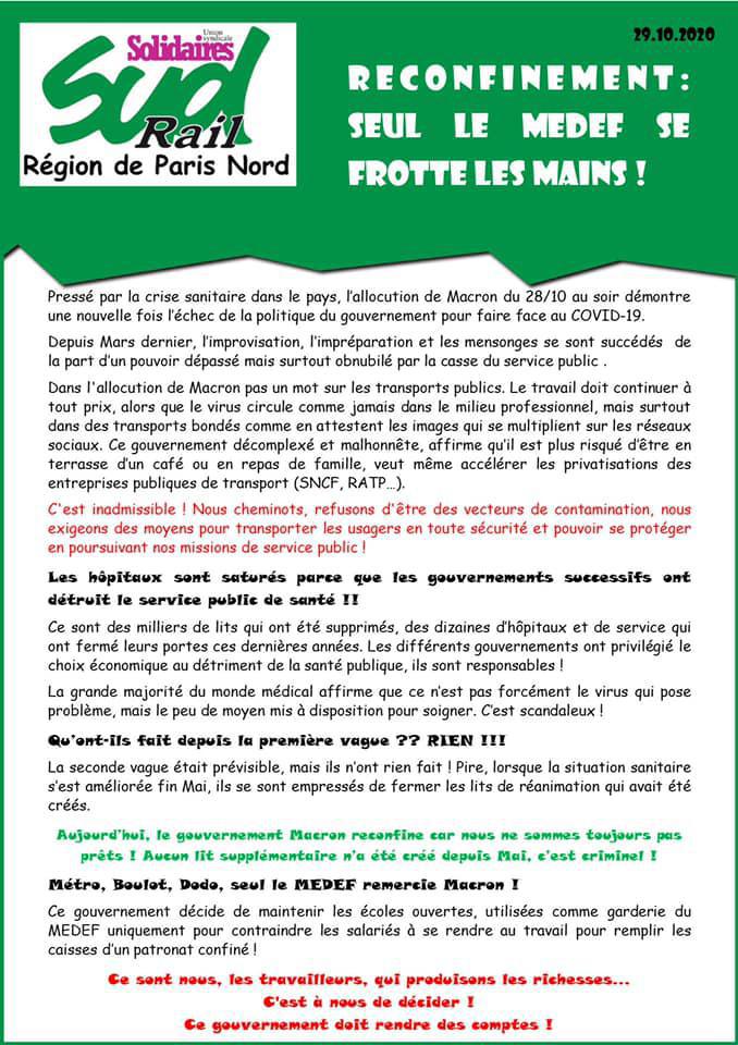Reconfinement : Seul le MEDEF se frotte les mains ! 