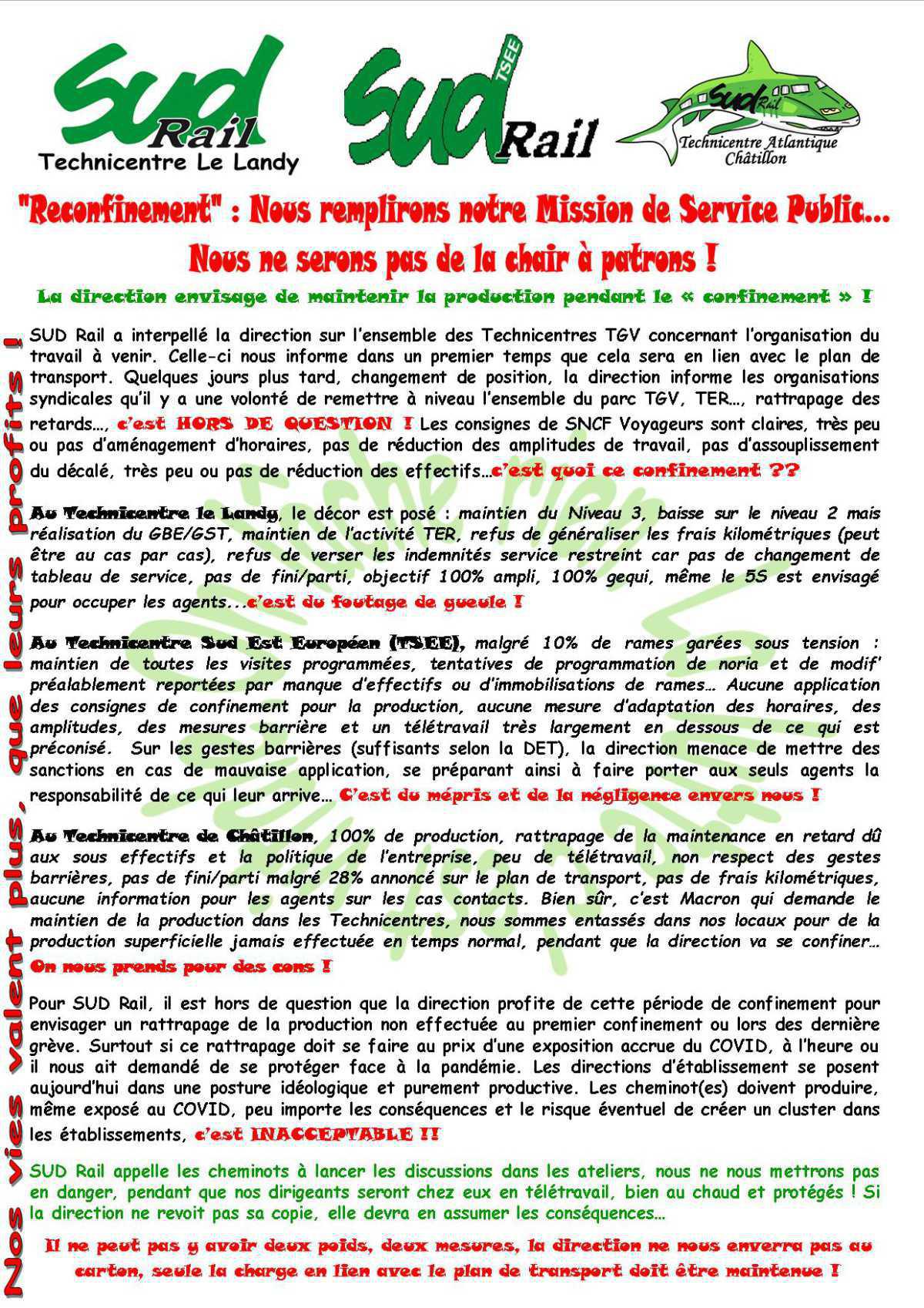 Technicentres TGV : Nous remplirons notre Mission de Service Public...Nous ne serons pas de la chair à patrons !
