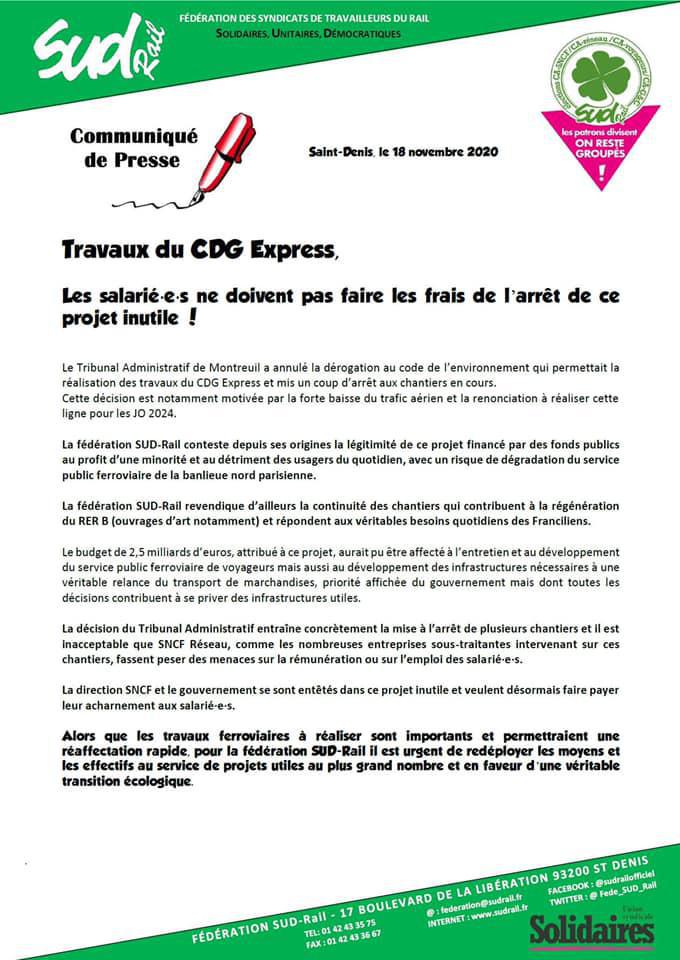 Travaux CDG Express, les salarié(es) ne doivent pas faire les frais de l'arrêt de ce projet inutile !