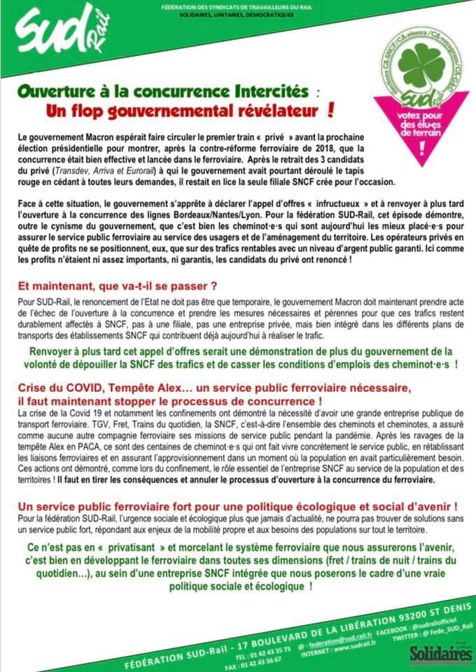 Ouverture à la concurrence Intercités : Un flop gouvernemental révélateur ! Ouverture à la concurrence Intercités : Un flop gouvernemental révélateur !