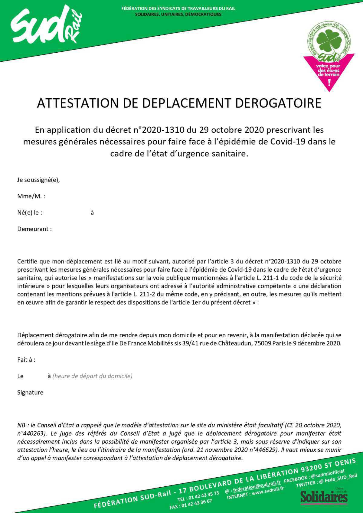 Attestation dérogatoire//Rassemblement du 9 décembre IDFM