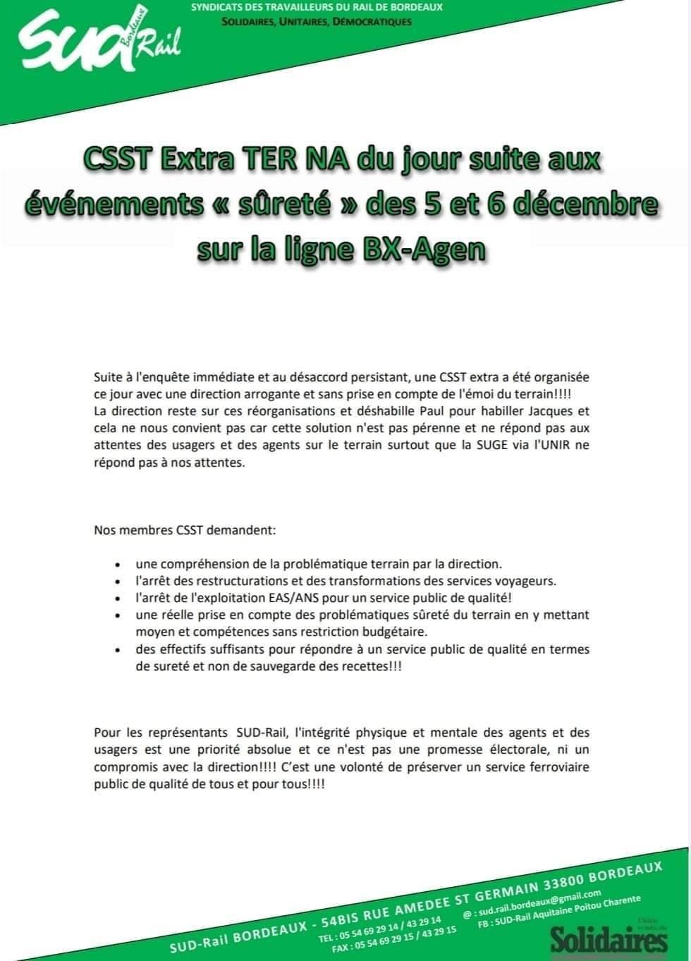 Evénements "sûreté" des 5 et 6 décembre sur la ligne BX-Agen