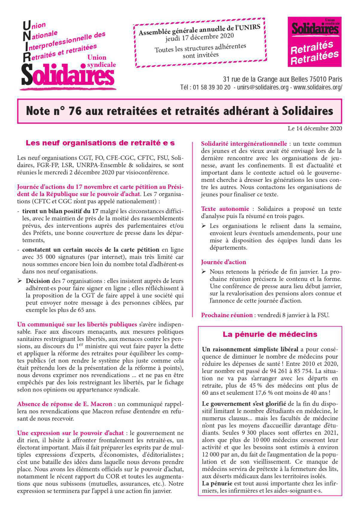 Note n° 76 aux retraitées et retraités adhérant à Solidaires Note n° 76 aux retraitées et retraités adhérant à Solidaires