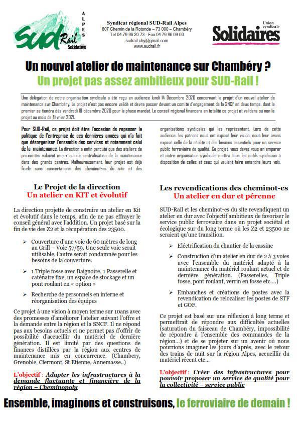 Un nouvel atelier de maintenance sur Chambéry ? Un projet pas assez ambitieux pour SUD-Rail !