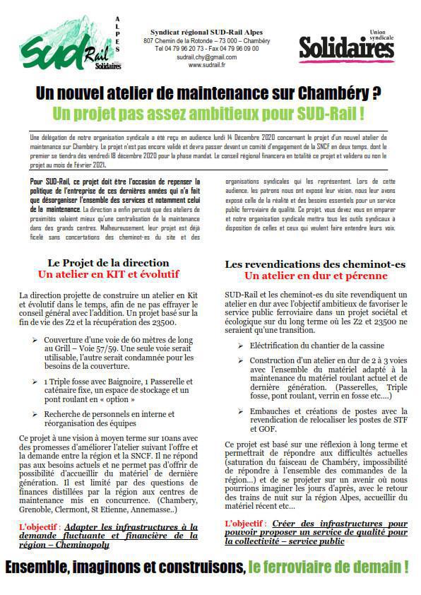 Un nouvel atelier de maintenance sur Chambéry ? Un projet pas assez ambitieux pour SUD-Rail ! Un nouvel atelier de maintenance sur Chambéry ? Un projet pas assez ambitieux pour SUD-Rail !