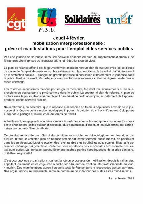 Jeudi 4 février, mobilisation interprofessionnelle : grève et manifestations pour l’emploi et les services publics Jeudi 4 février, mobilisation interprofessionnelle : grève et manifestations pour l’emploi et les services publics