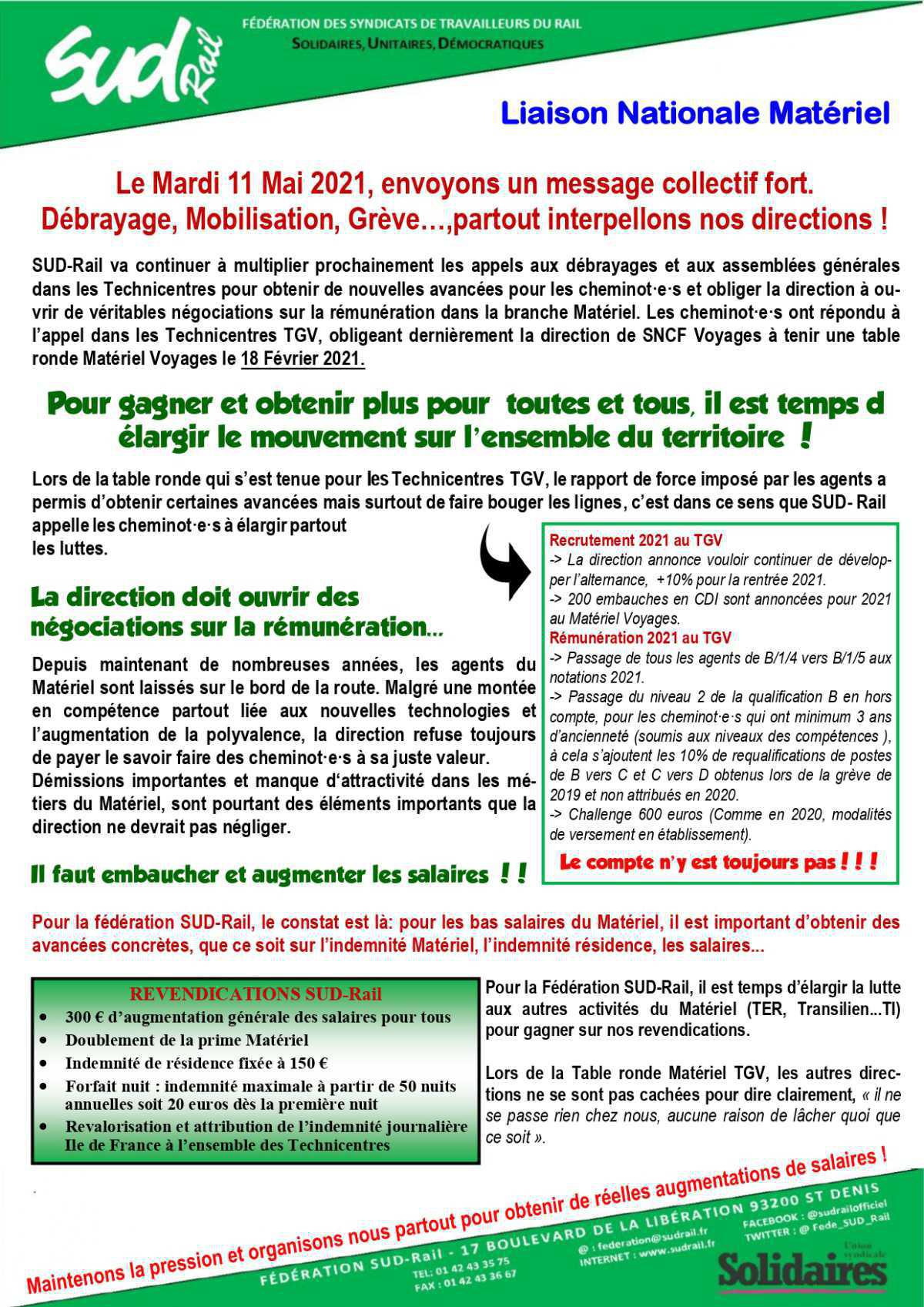 Matériel : Le Mardi 11 Mai 2021, envoyons un message collectif fort. Débrayage, Mobilisation, Grève..., partout interpellons nos directions 