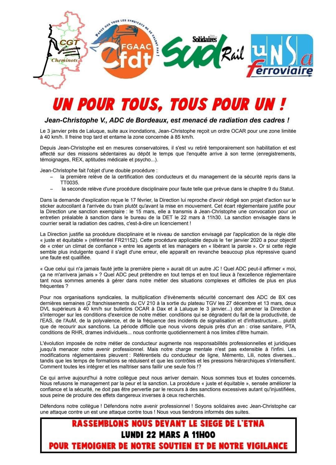 Rassemblement de soutien pour Jean Christophe, ADC menacé de radiation