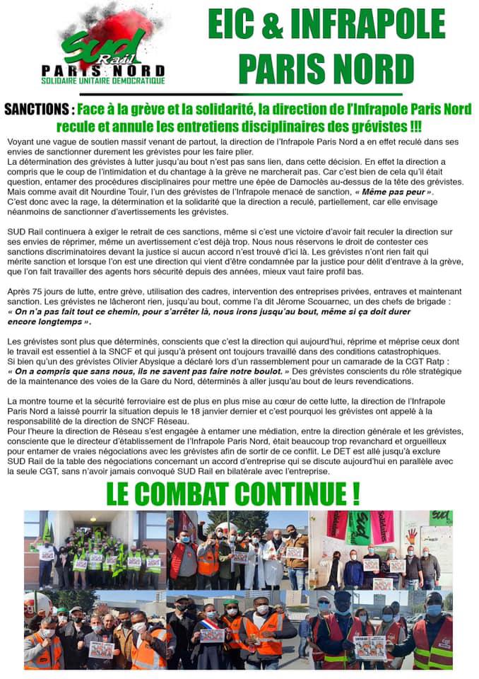 Face à la grève et la solidarité, la direction de l’Infrapole Paris Nord recule et annule les entretiens disciplinaires des grévistes !