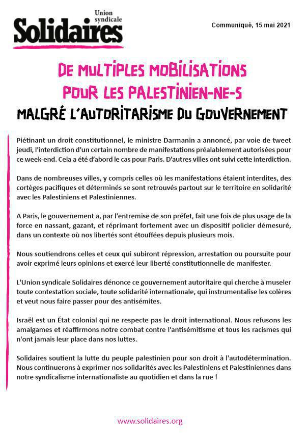 De multiples mobilisations pour les Palestinien-ne-s malgré l’autoritarisme du gouvernement De multiples mobilisations pour les Palestinien-ne-s malgré l’autoritarisme du gouvernement