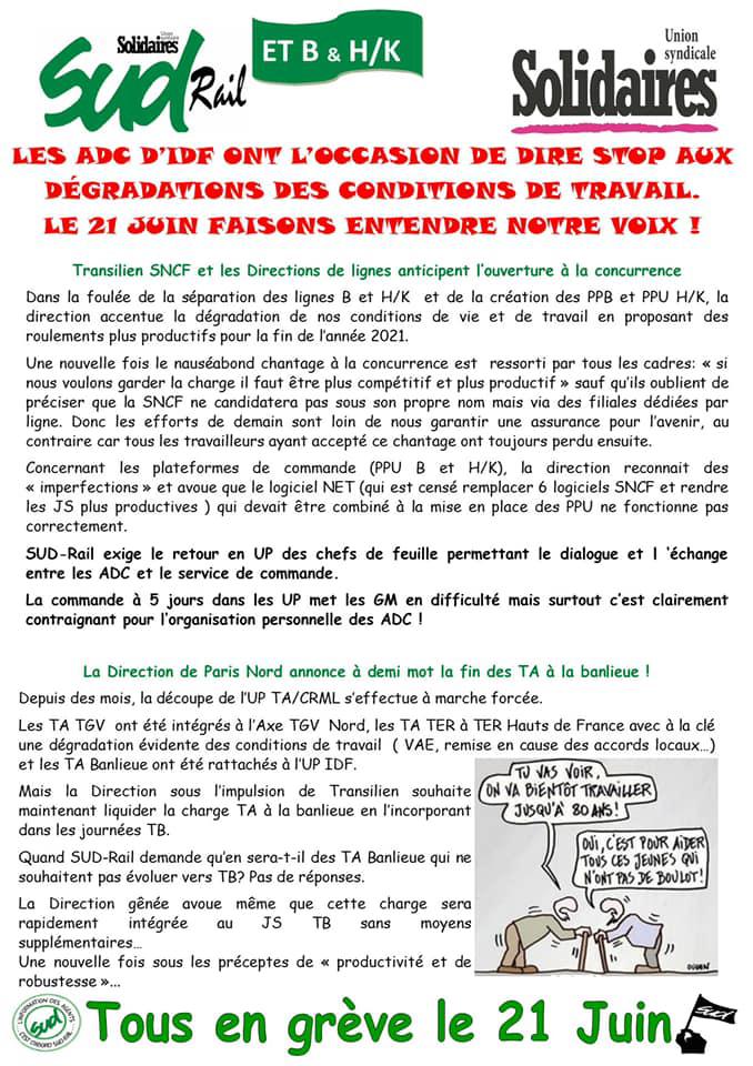 Les conducteurs de trains d'Île de France seront massivement en grève le Lundi 21 juin