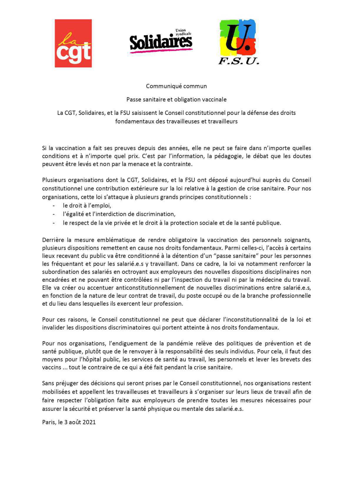 Passe sanitaire et obligation vaccinale : Solidaires, la CGT et la FSU saisissent le Conseil constitutionnel pour la défense des droits fondamentaux des travailleuses et travailleurs Passe sanitaire et obligation vaccinale : Solidaires, la CGT et la FSU saisissent le Conseil constitutionnel pour la défense des droits fondamentaux des travailleuses et travailleurs