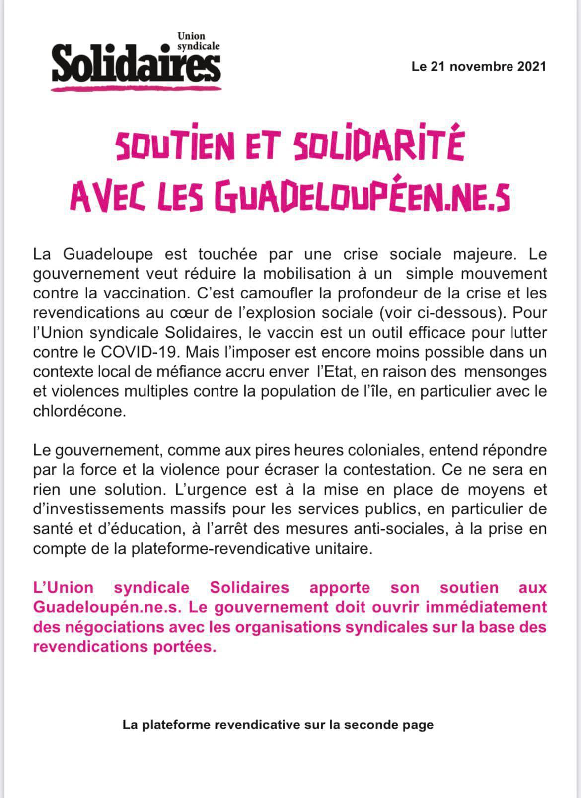 Soutien et solidarité avec les Guadeloupéens Soutien et solidarité avec les Guadeloupéens