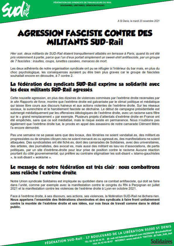 Agression fasciste contre des militants SUD-Rail