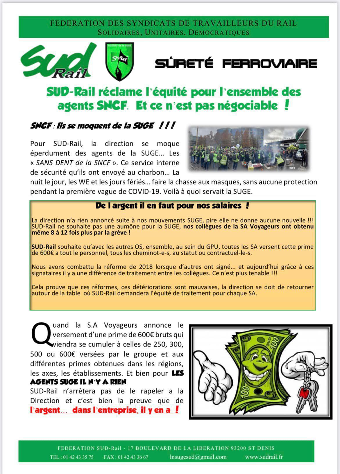 SUGE - SUD-Rail demande l'équité pour l'ensemble des agents SNCF. Et ce n'est pas négociable !