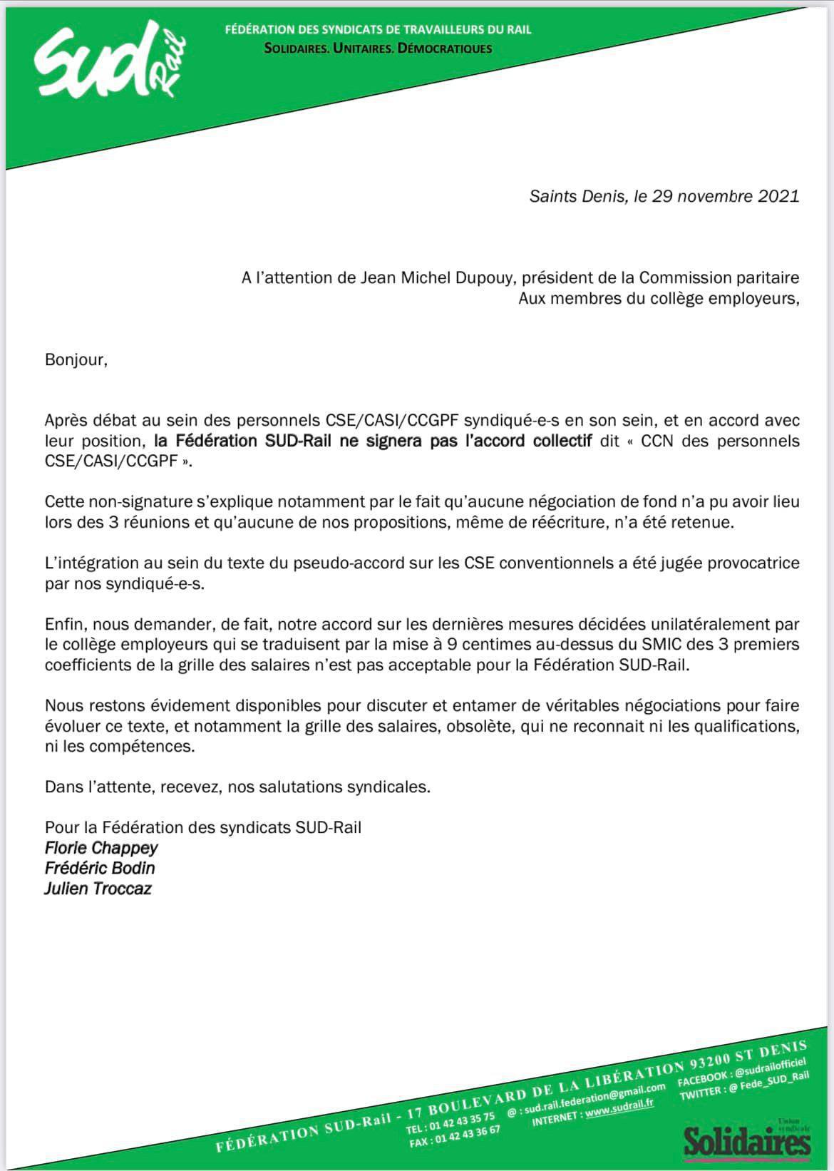 Personnel CSE - SUD Rail ne signe pas l'accord "convention collective des personnels CSE/CASI/CCGPF"