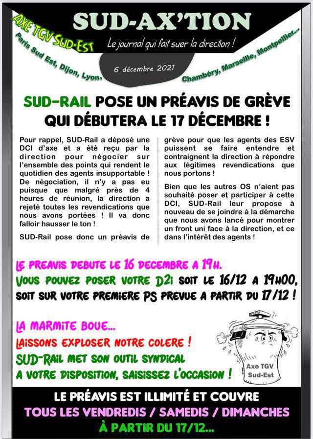 Axe TGV SUD Est- SUD-RAIL pose un préavis de grève 