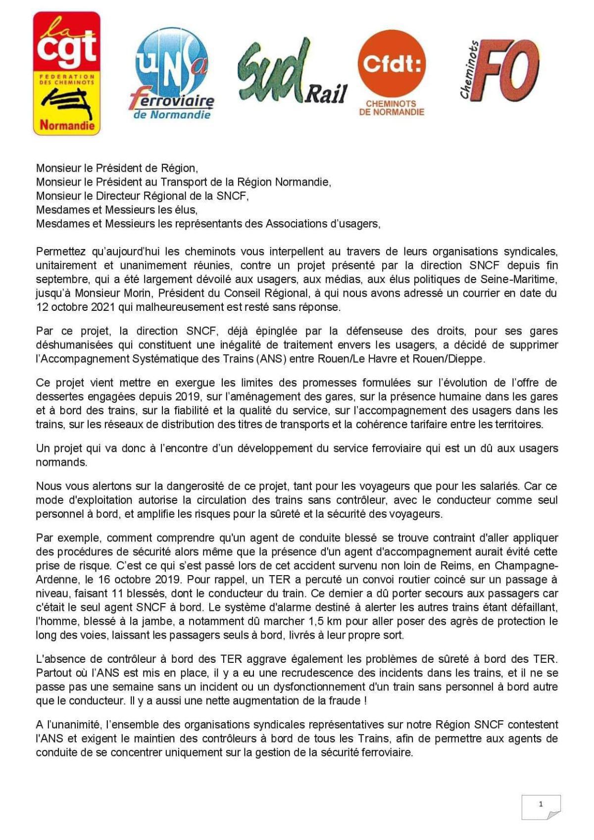 Déclaration de l'ensemble des organisations syndicales cheminotes de Normandie
