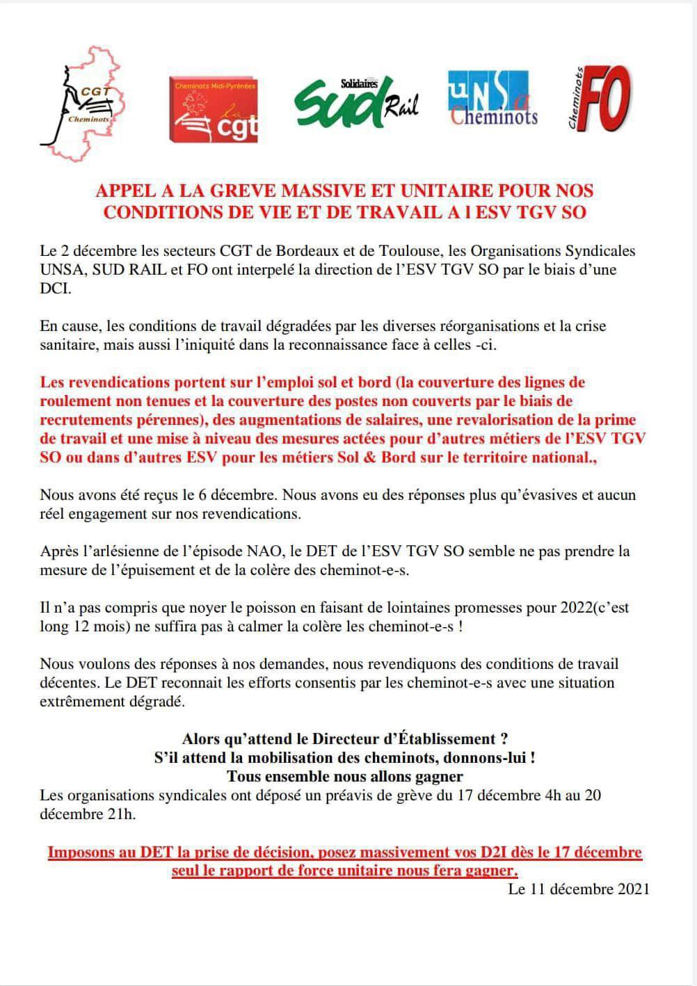 Grève - Appel unitaire à la mobilisation le 17 décembre sur l'ESV TGV Sud Ouest