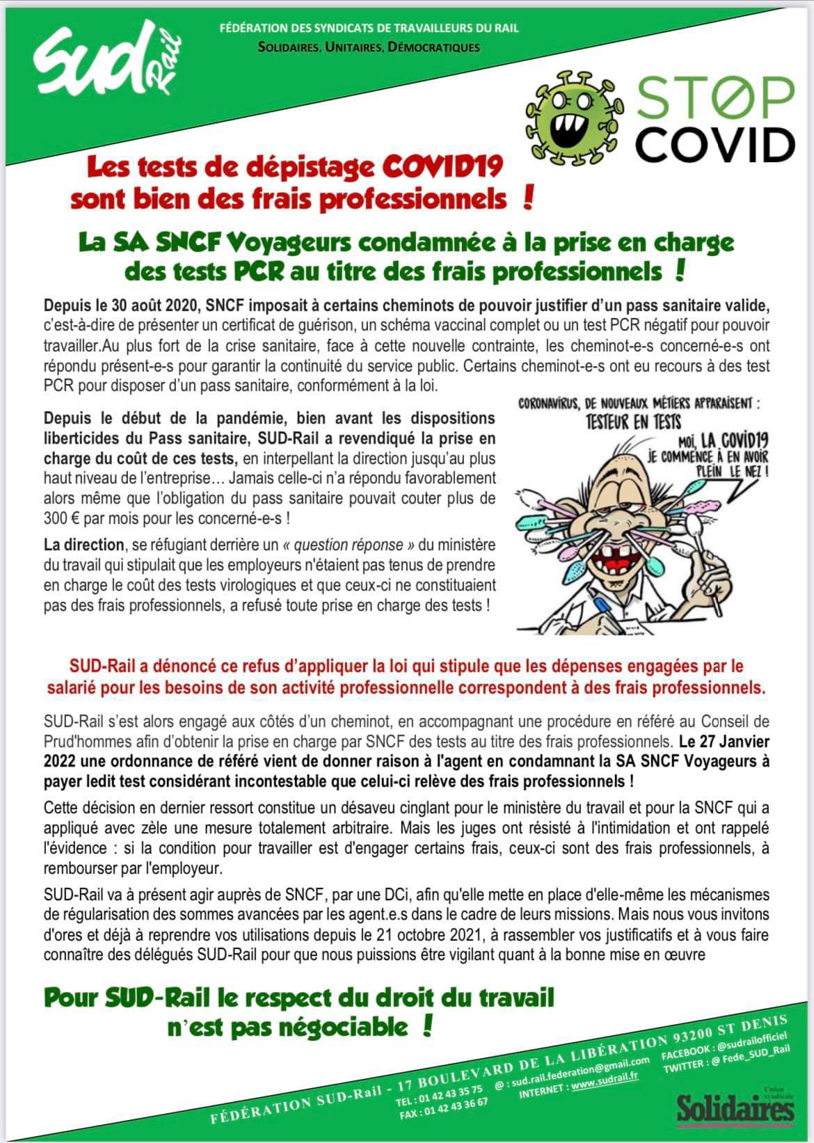 Les tests de dépistage COVID 19 sont bien des frais professionnels ! Les tests de dépistage COVID 19 sont bien des frais professionnels !