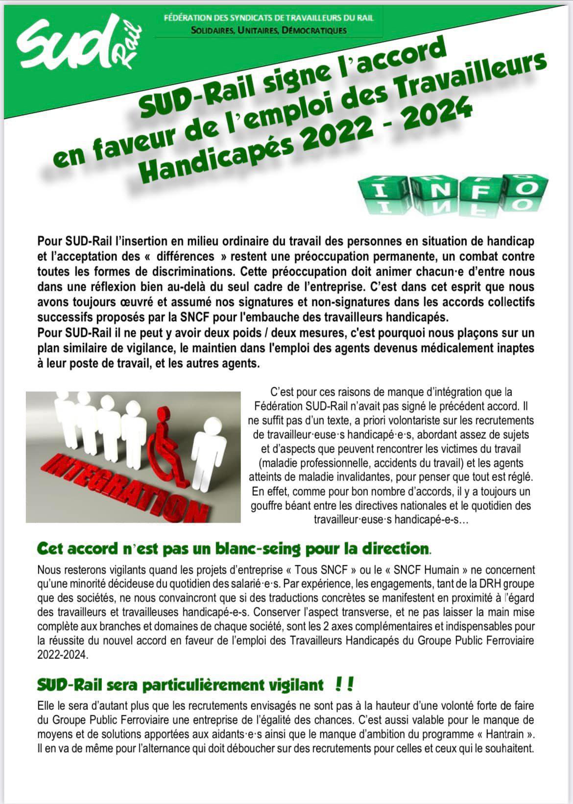 SUD-Rail signe l’accord en faveur de l’emploi des travailleurs Handicapés 2022-2024