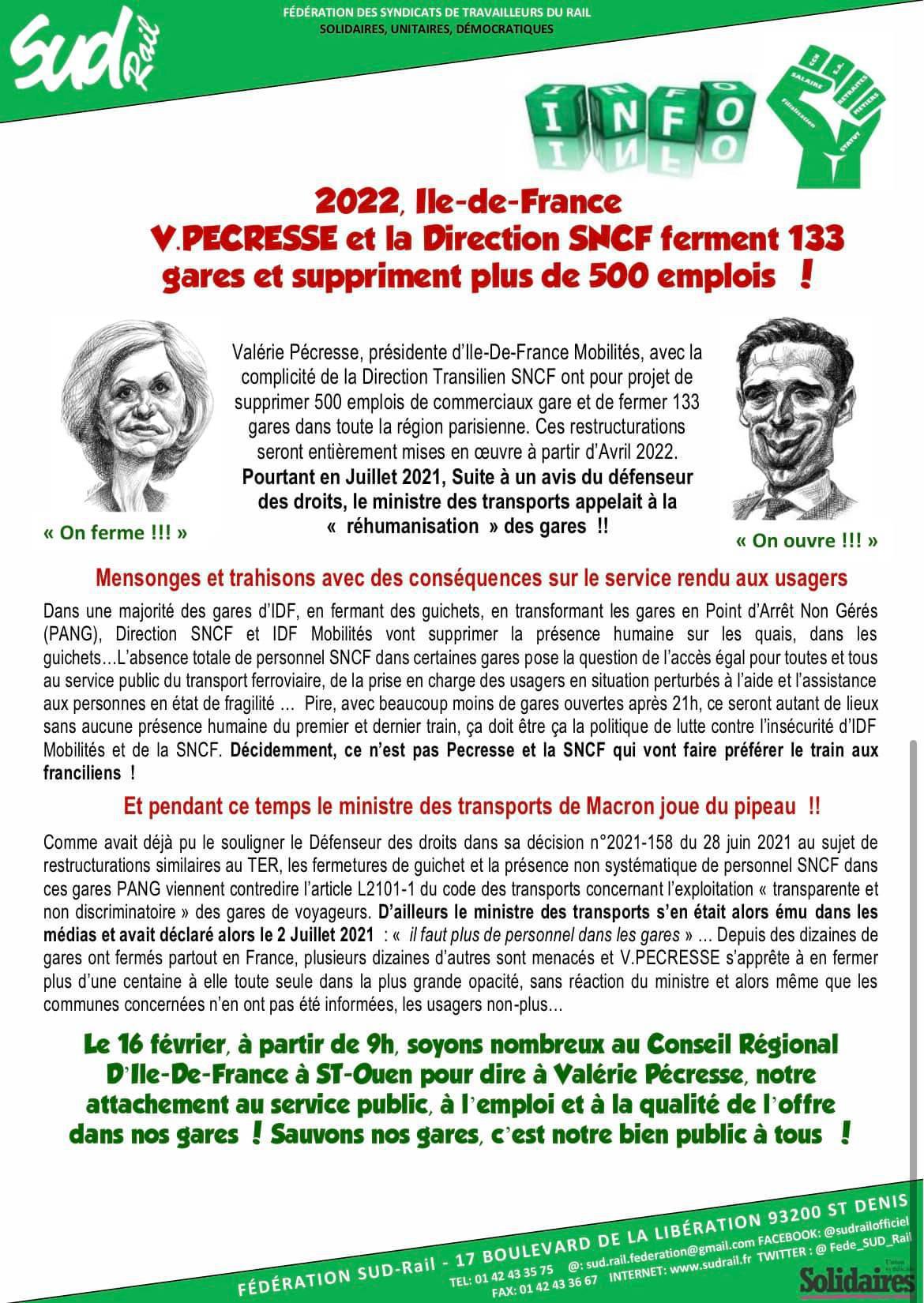 IdF - Valérie Pécresse et la direction SNCF ferment 133 gares et suppriment plus de 500 emplois ! IdF - Valérie Pécresse et la direction SNCF ferment 133 gares et suppriment plus de 500 emplois !