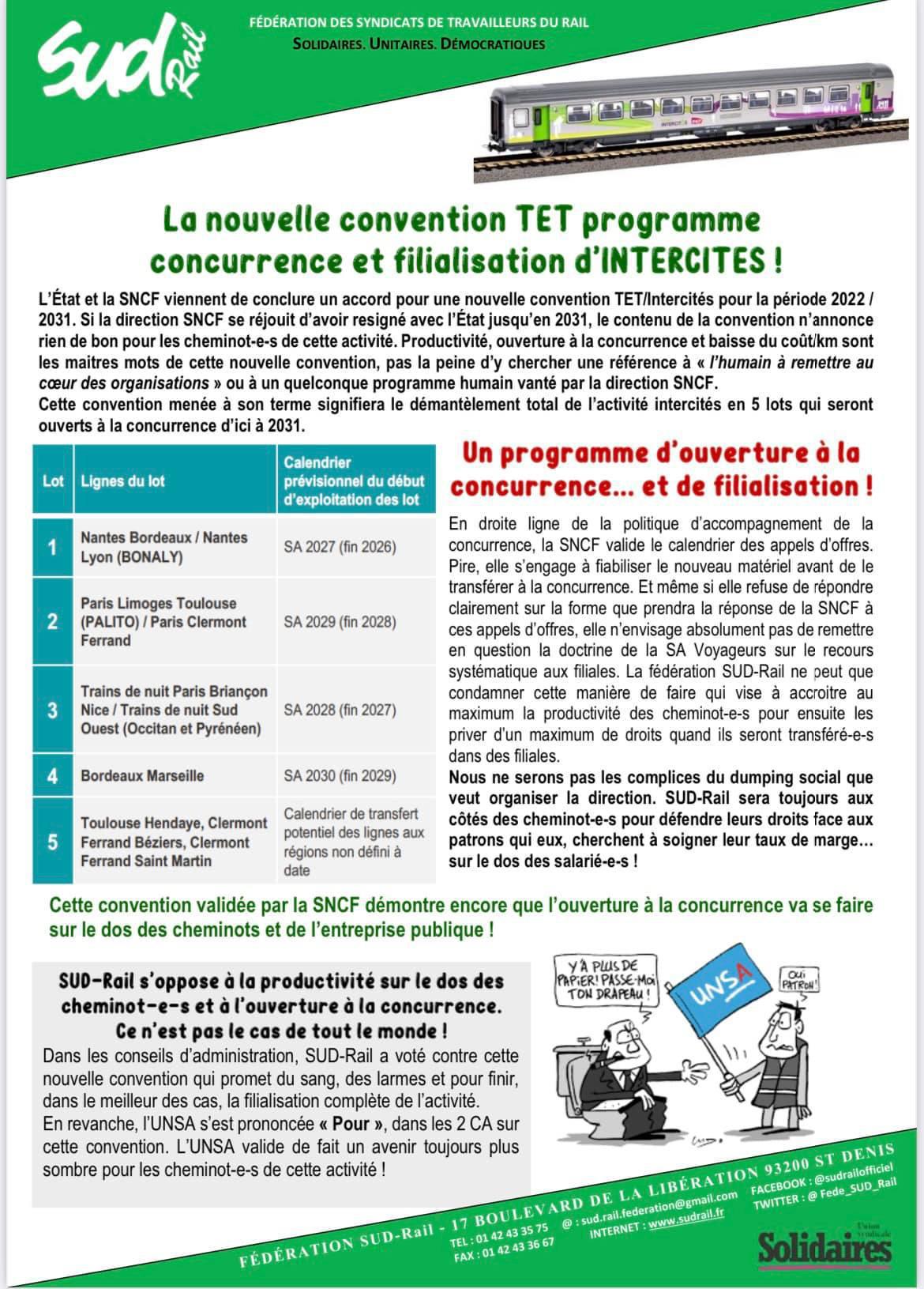 La nouvelle convention TET programme concurrence et filialisation d’INTERCITES !