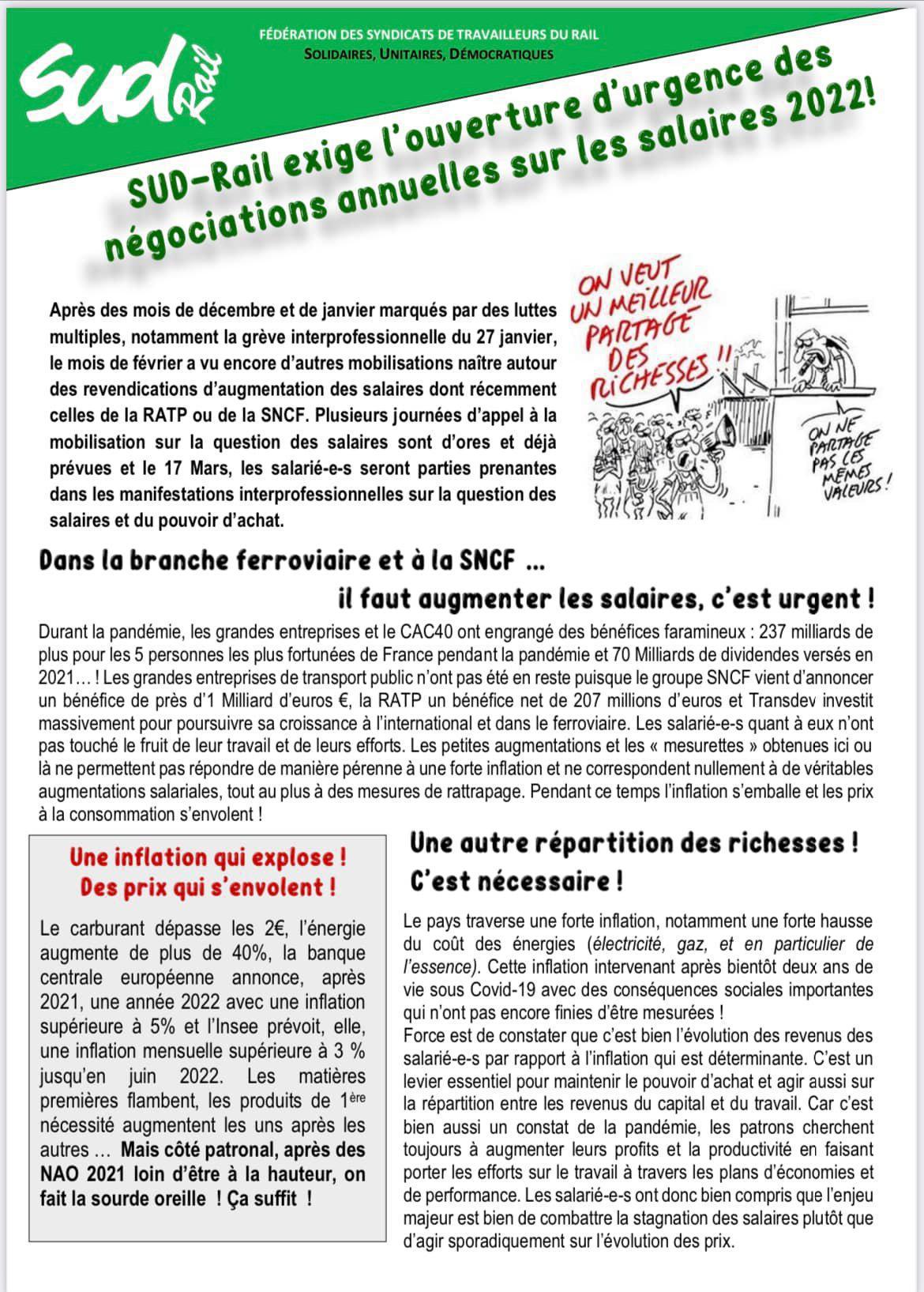 SUD-Rail exige l’ouverture d’urgence des négociations annuelles sur les salaires 2022 !!