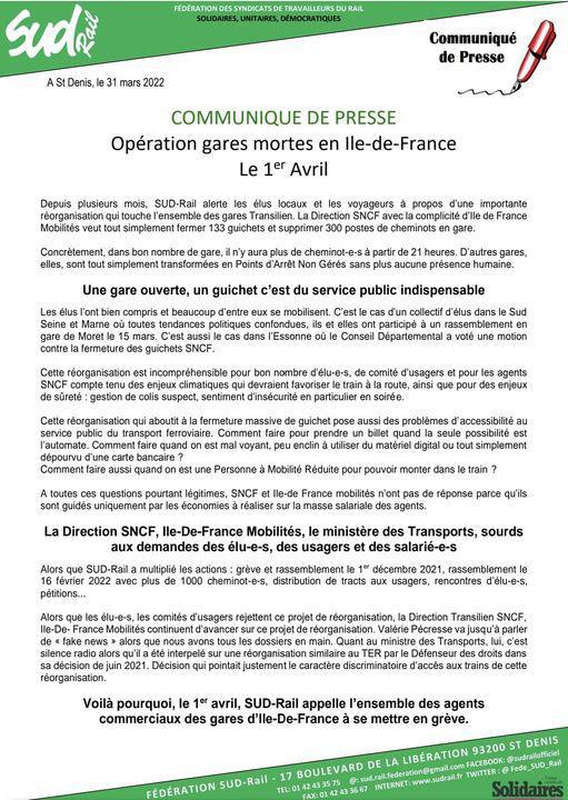 Opération gares mortes en Ile de France le 1er Avril