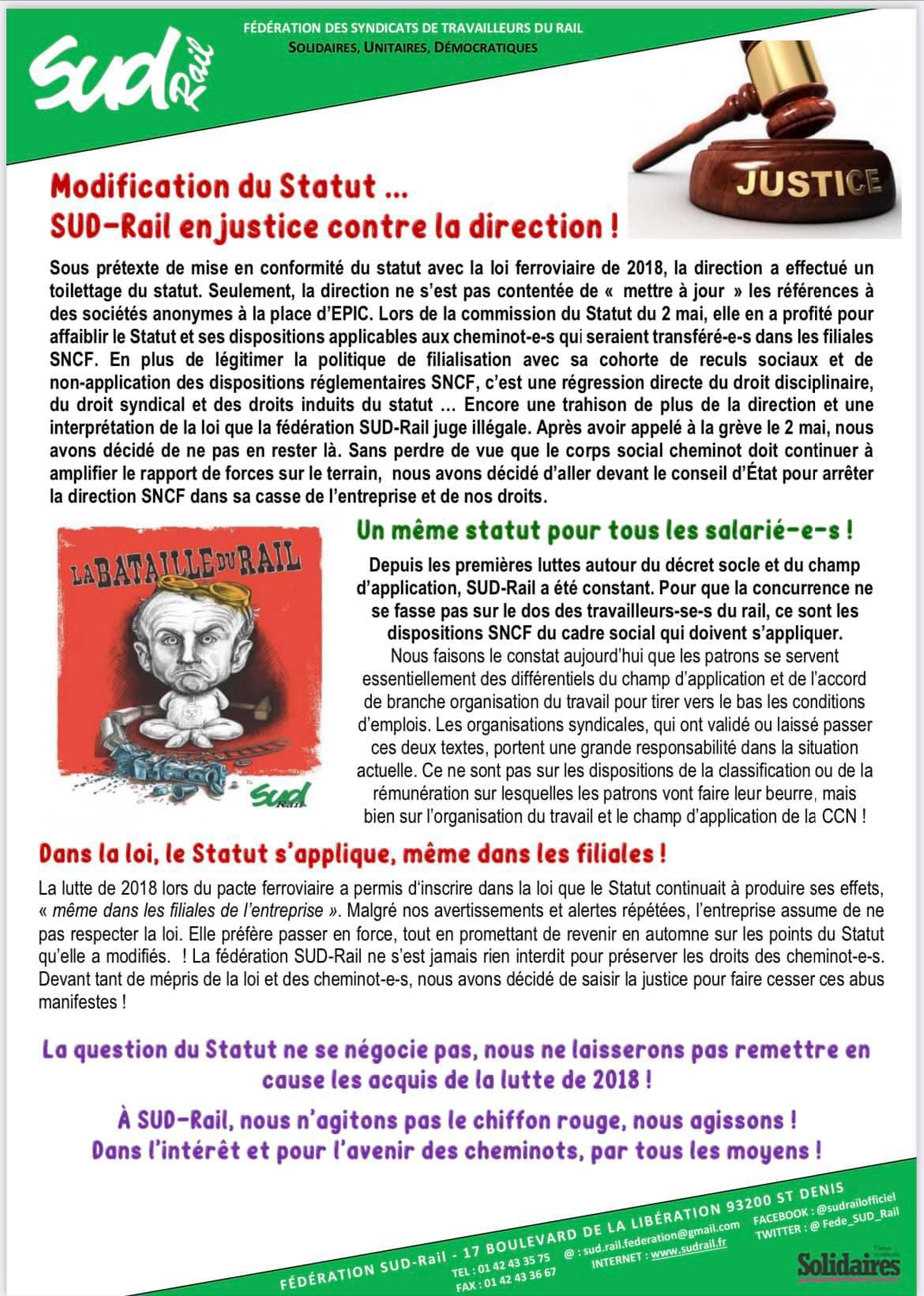 Modification Statut - SUD-Rail en justice contre la direction ! Modification Statut - SUD-Rail en justice contre la direction !