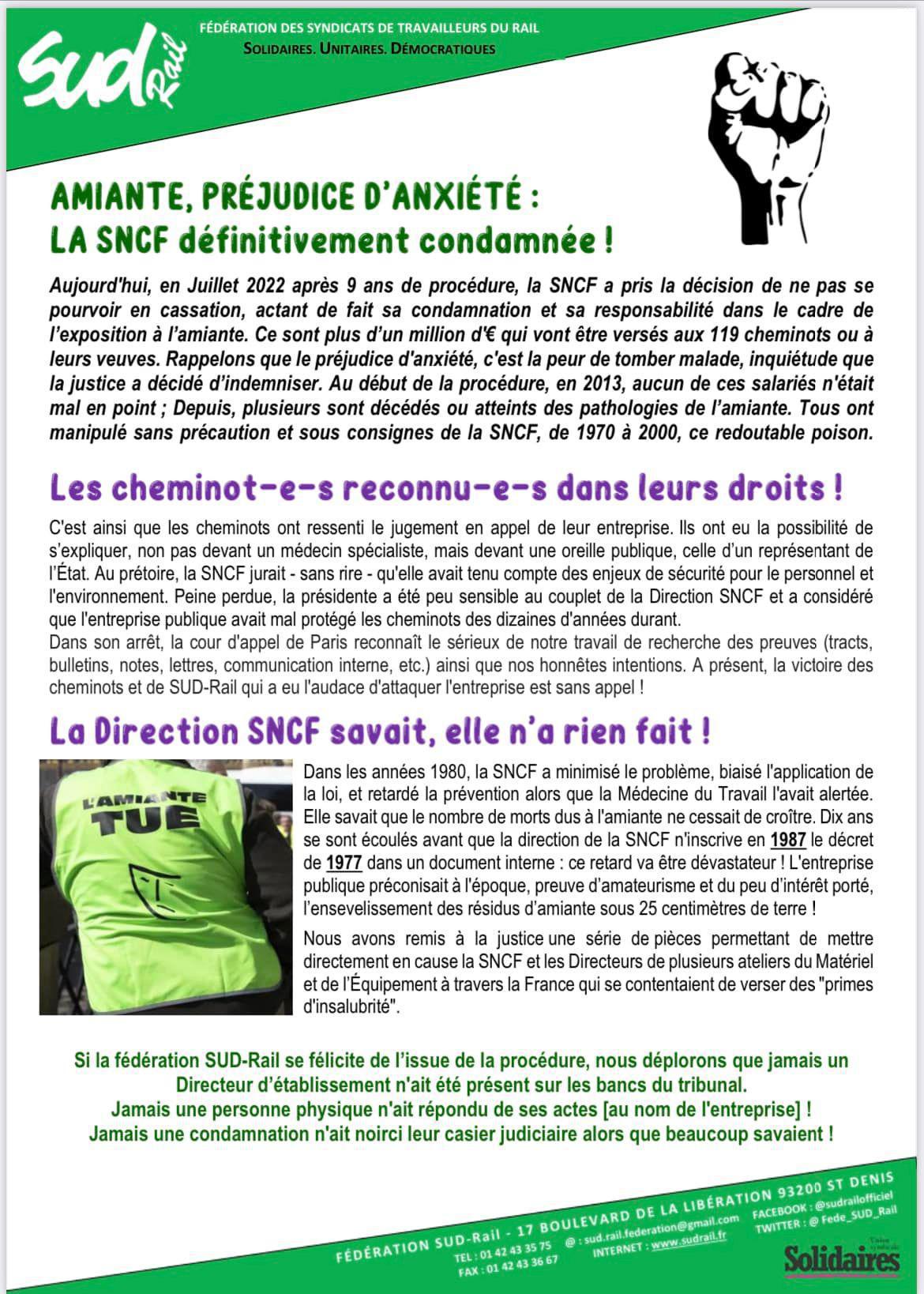 Amiante - Préjudice d'anxiété, la SNCF définitivement condamnée ! Amiante - Préjudice d'anxiété, la SNCF définitivement condamnée !
