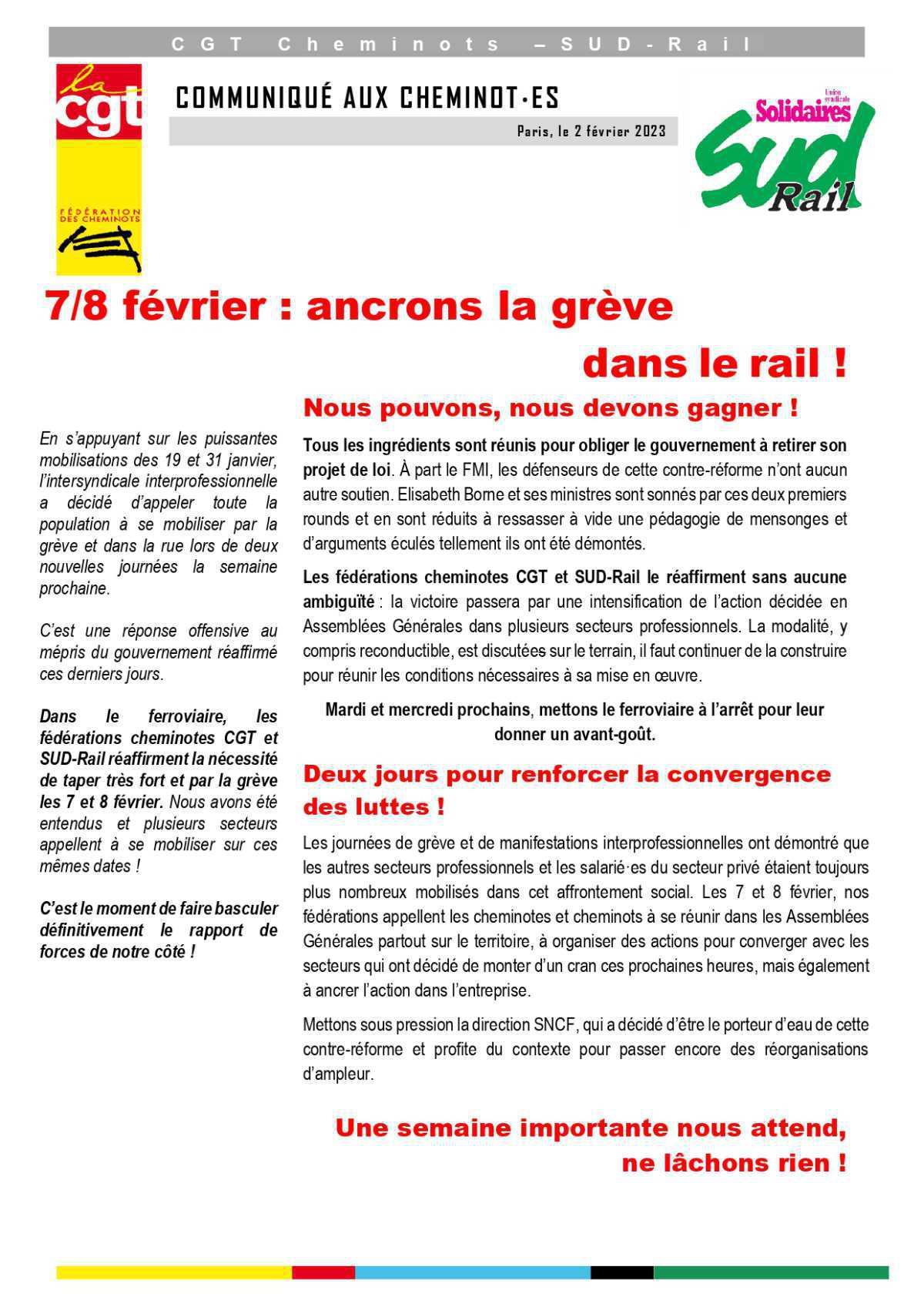 Retraites - 7/8 février, ancrons la grève !! Retraites - 7/8 février, ancrons la grève !!