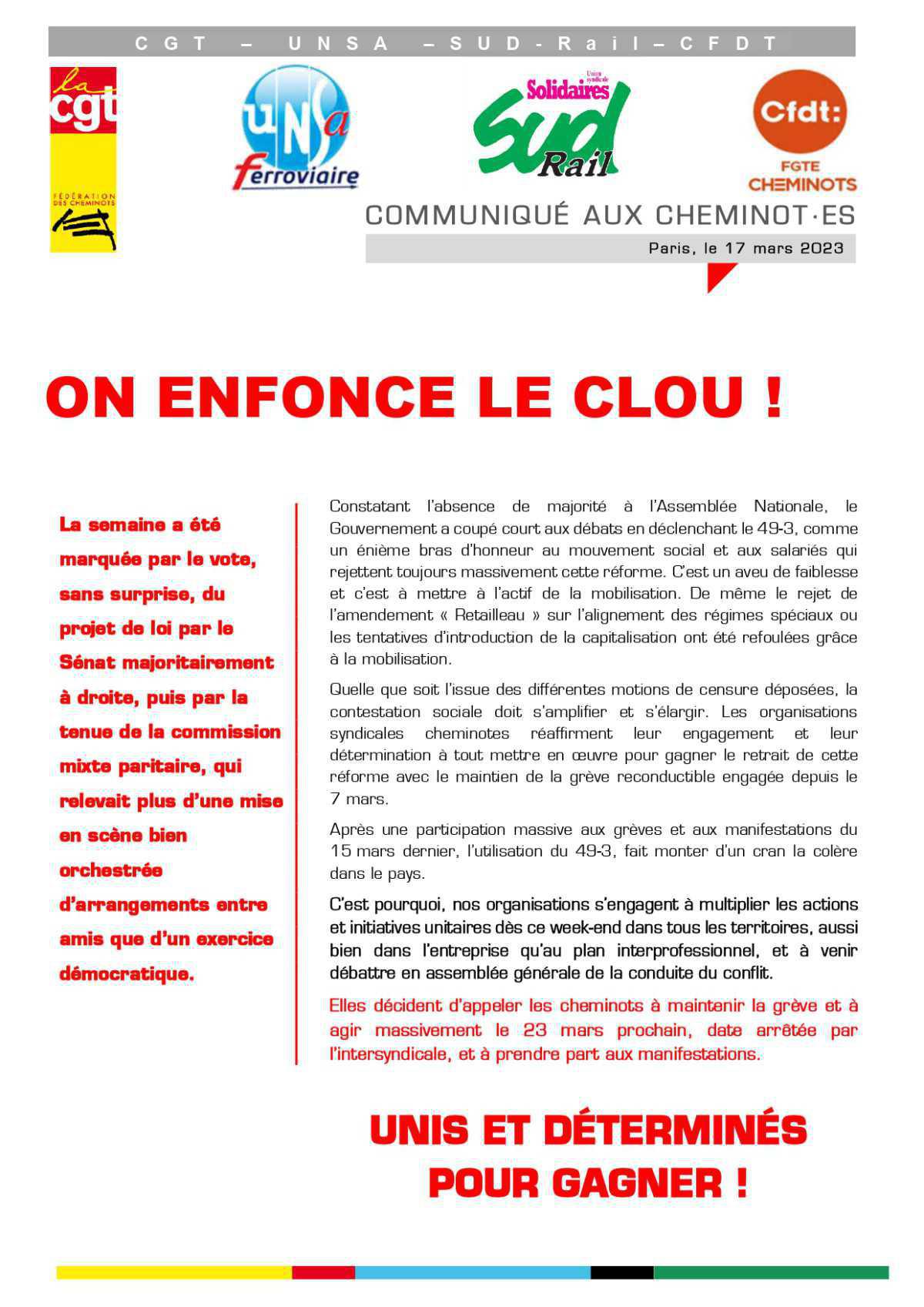 Communiqué Unitaire - On enfonce le clou ! Communiqué Unitaire - On enfonce le clou !