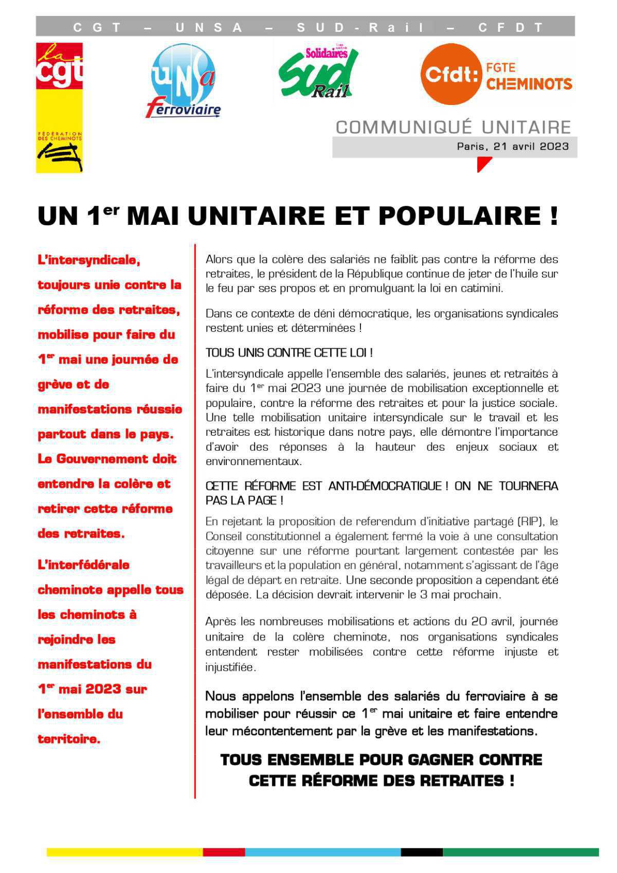 1er Mai - Unitaire et populaire !