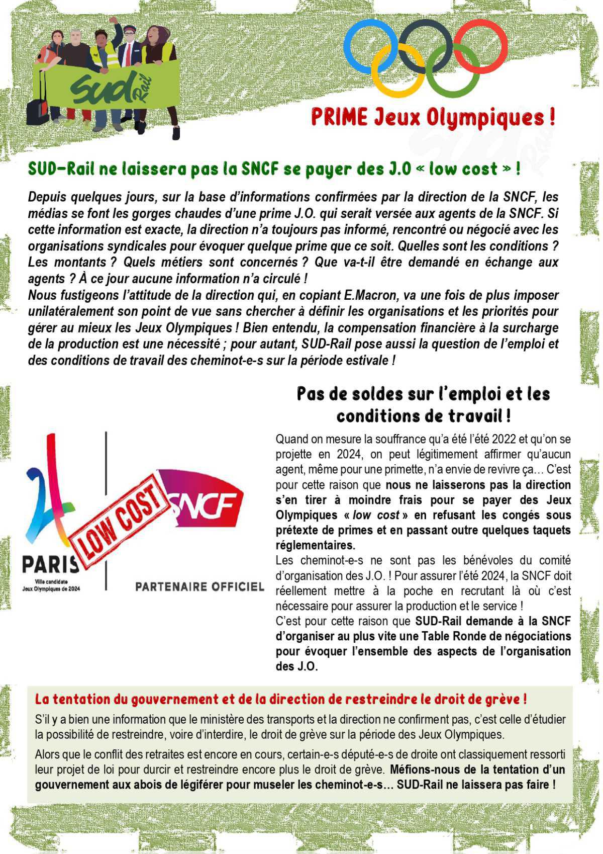 Prime JO - SUD-Rail ne laissera pas la SNCF se payer des JO "low cost" !