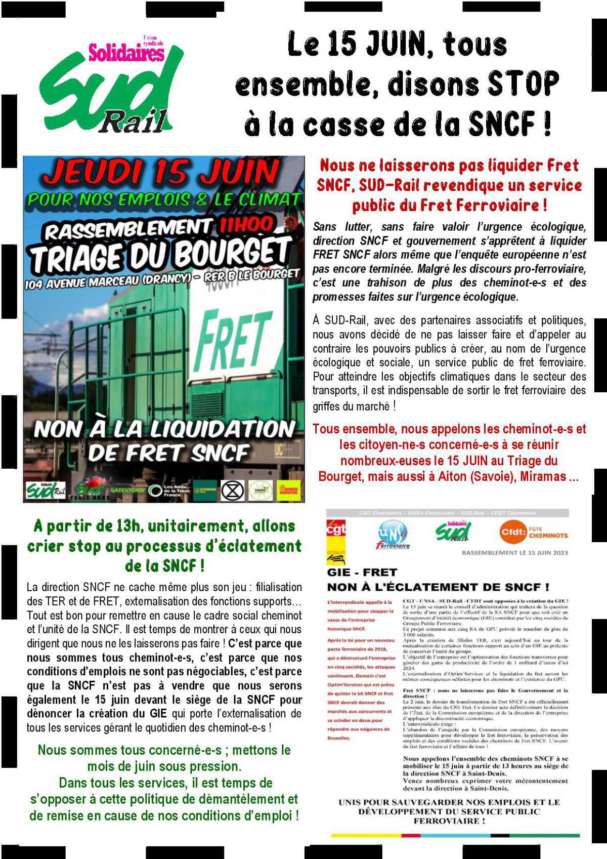 FRET - Le 15 juin, tous ensemble, disons STOP à la casse de la SNCF !