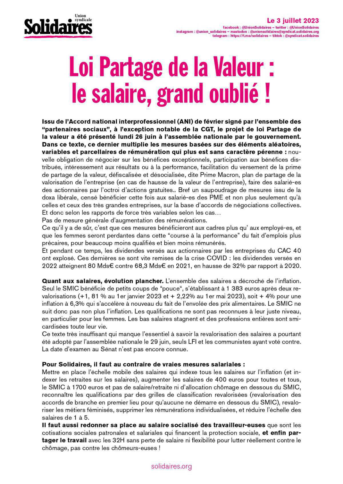 Loi partage de la valeur, le salaire, grand oublié ! Loi partage de la valeur, le salaire, grand oublié !